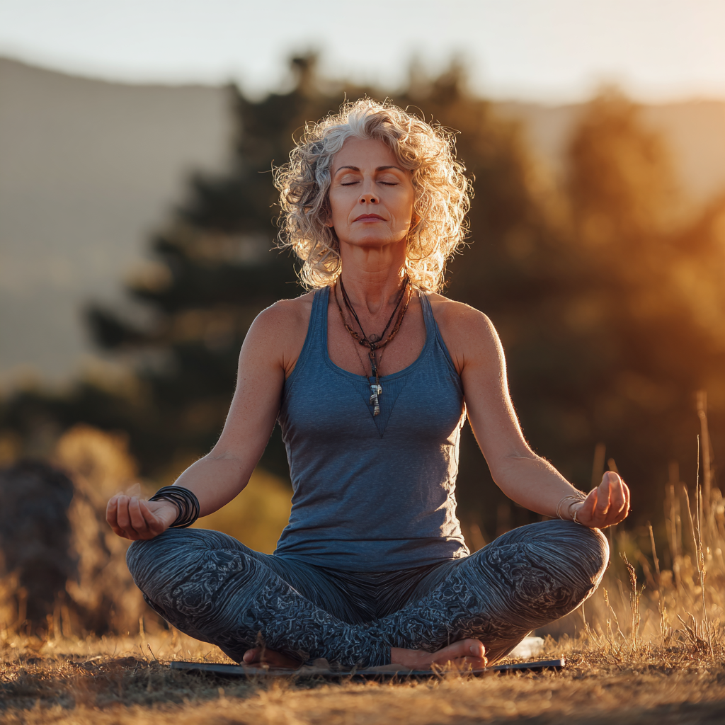 Middle-aged woman practicing gentle yoga poses in a calm natural setting