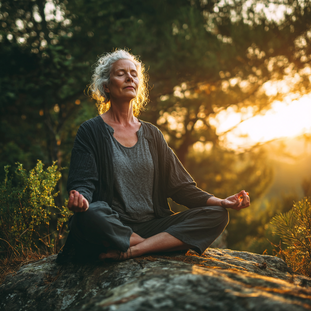 Older adult practicing mindful yoga outdoors in serene environment